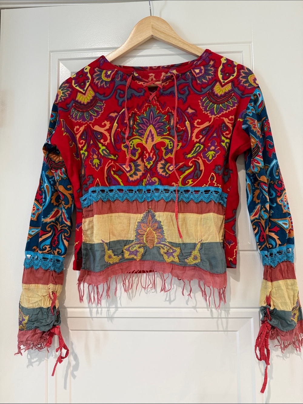Euro Boho Red Mixed-Print Long Sleeve Top